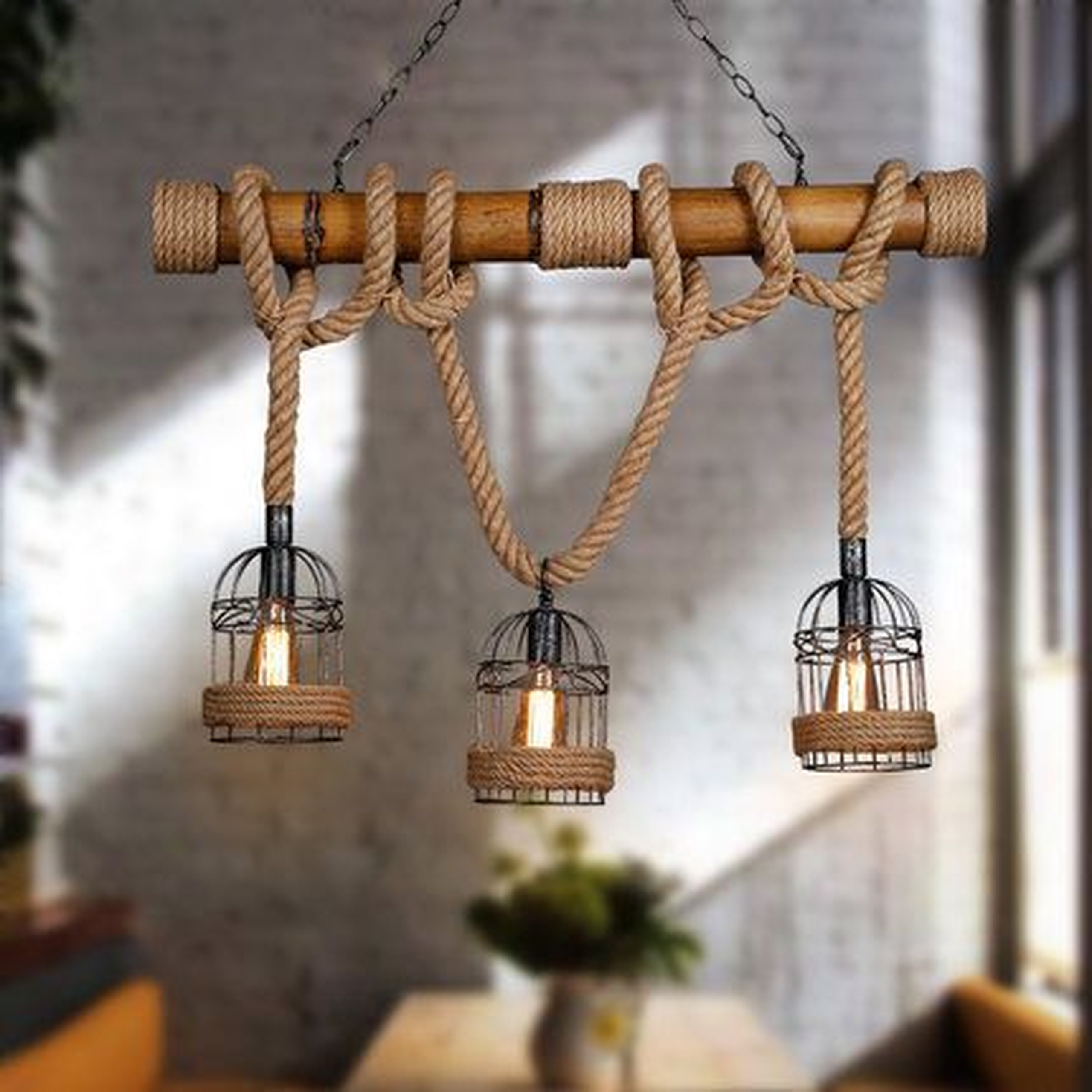 Triple Cage Rope & Timber Chandelier