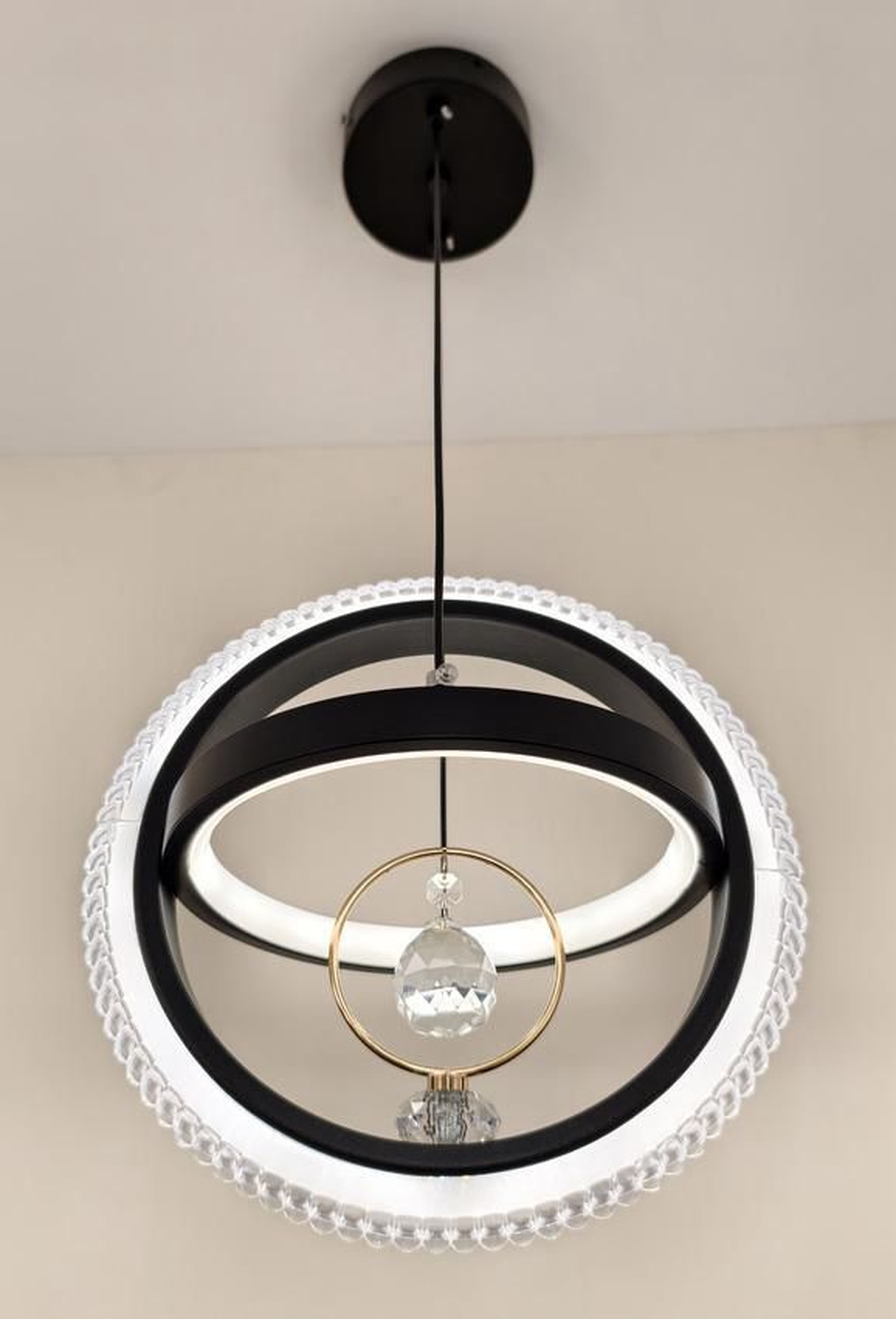 Contemporary Nested Ring Pendant Light with Center Crystal Drop