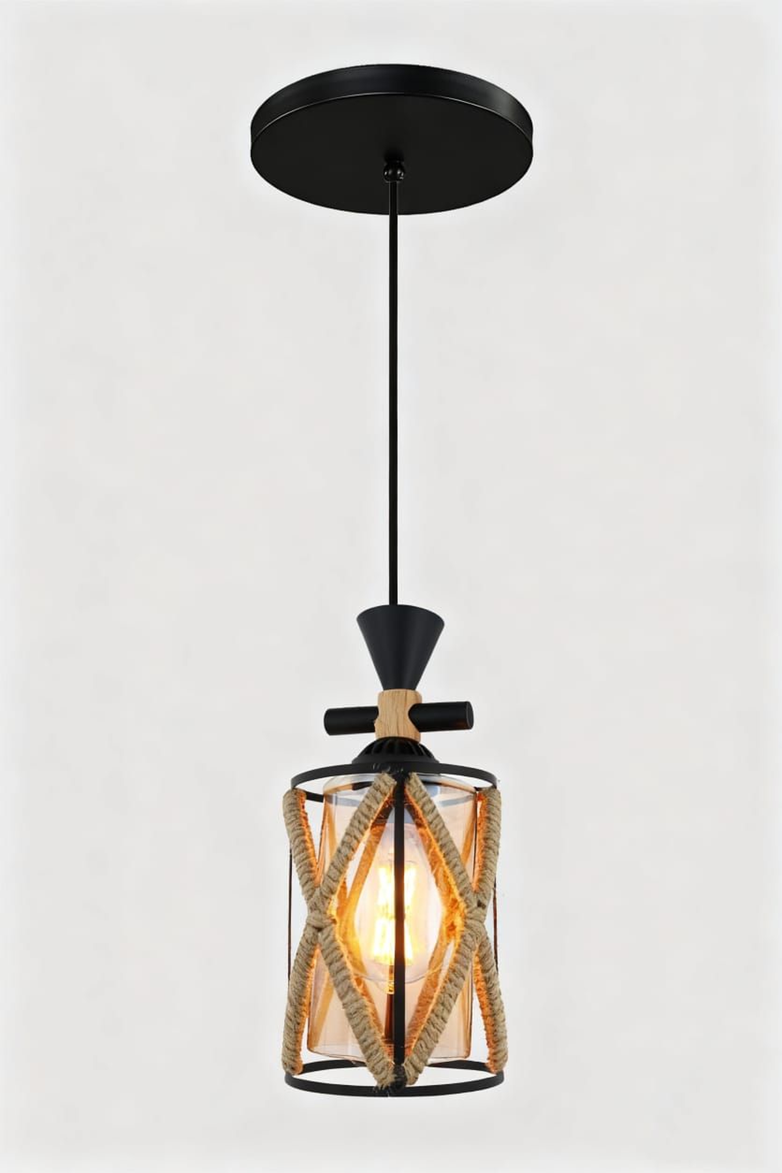 Industrial Cage Pendant Light with Natural Jute Rope Accents