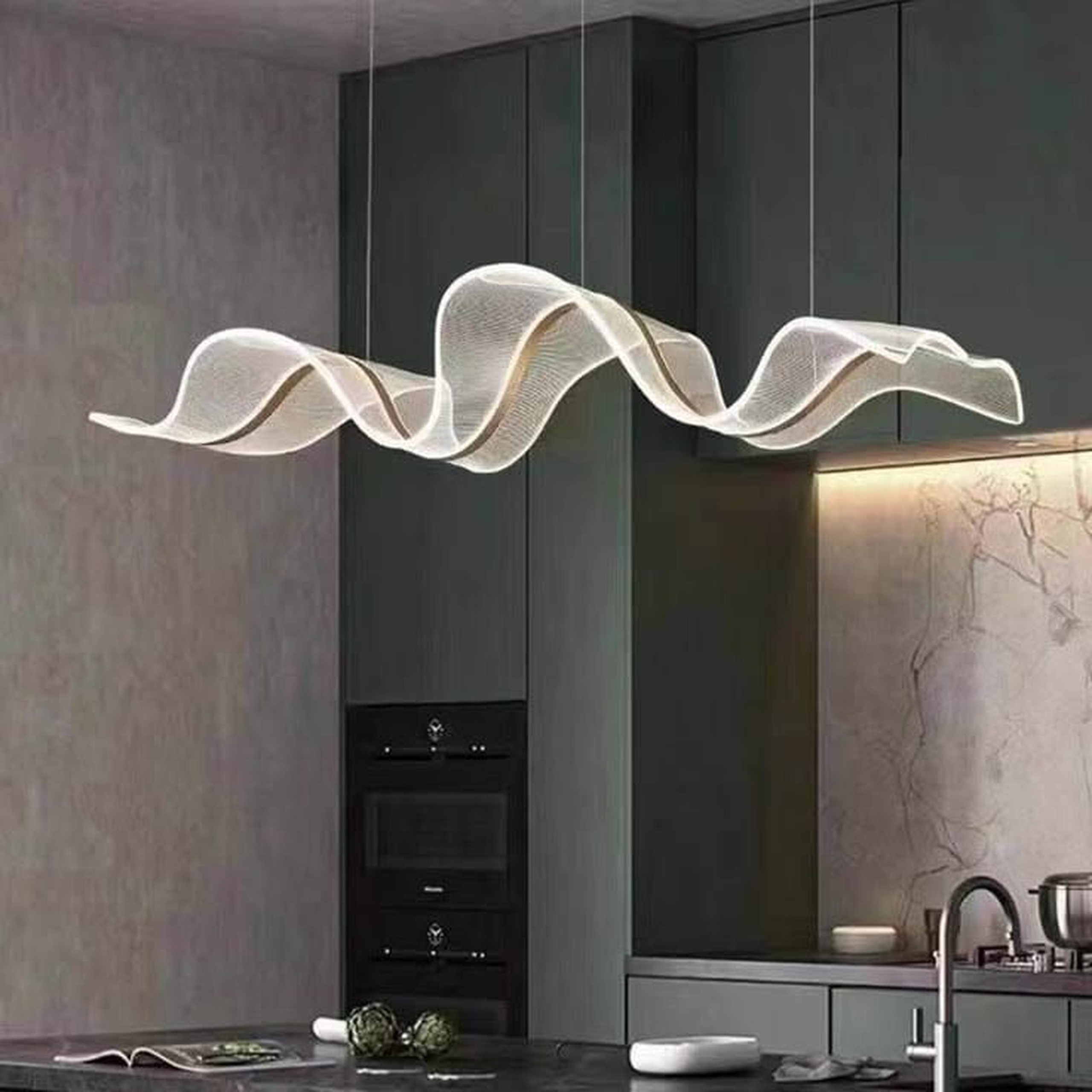 Contemporary Sculptural LED Pendant with Suspended Mesh Ribbon Design