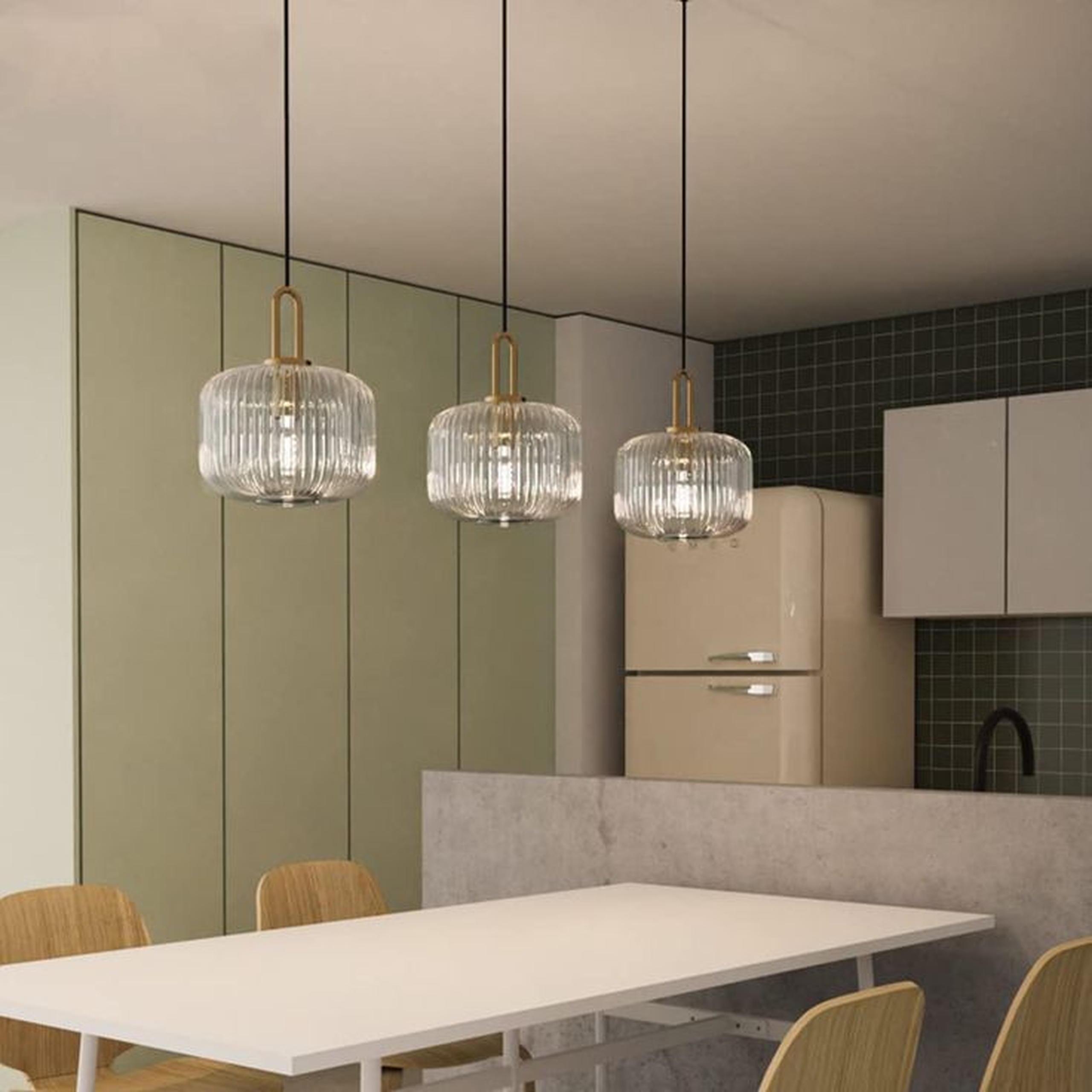 Mid-Century Modern Glass Pendant with Fluted Ellipsoid Shade
