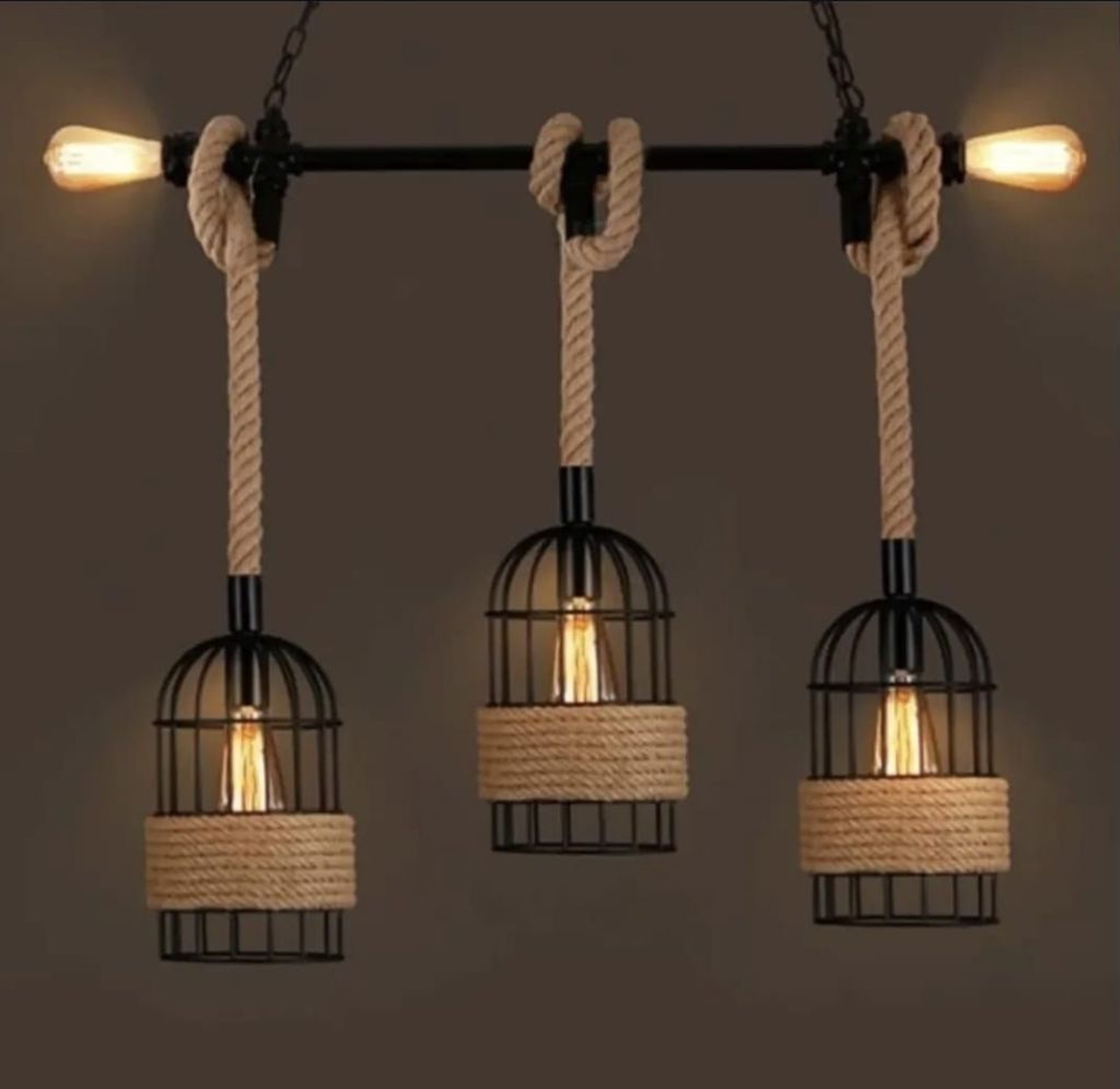 Industrial Triple-Pendant Linear Fixture with Jute Rope