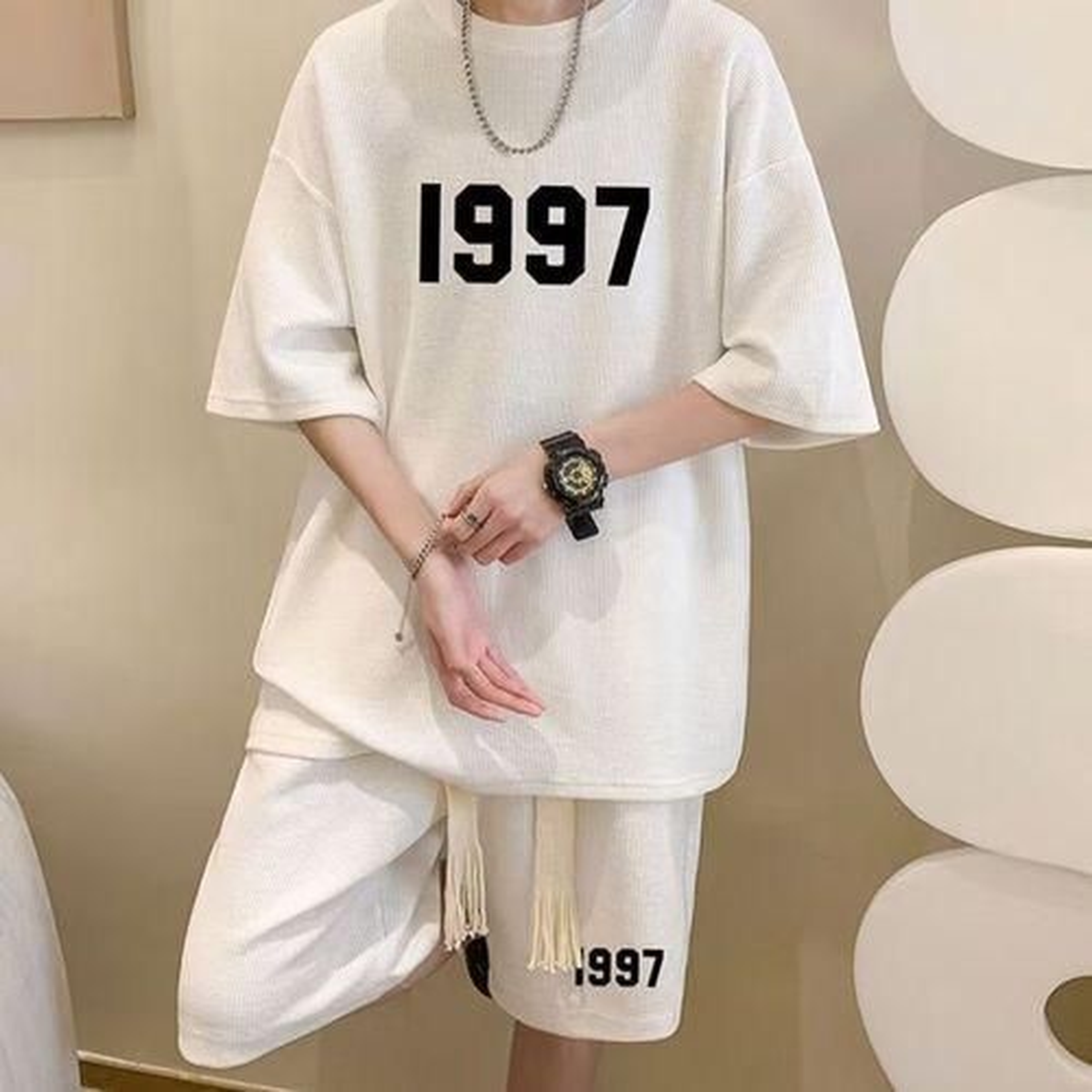 Dou-color Men's Fashion 1997 Short Sleeved T-shirt And Shorts 2-in-1 Set - White