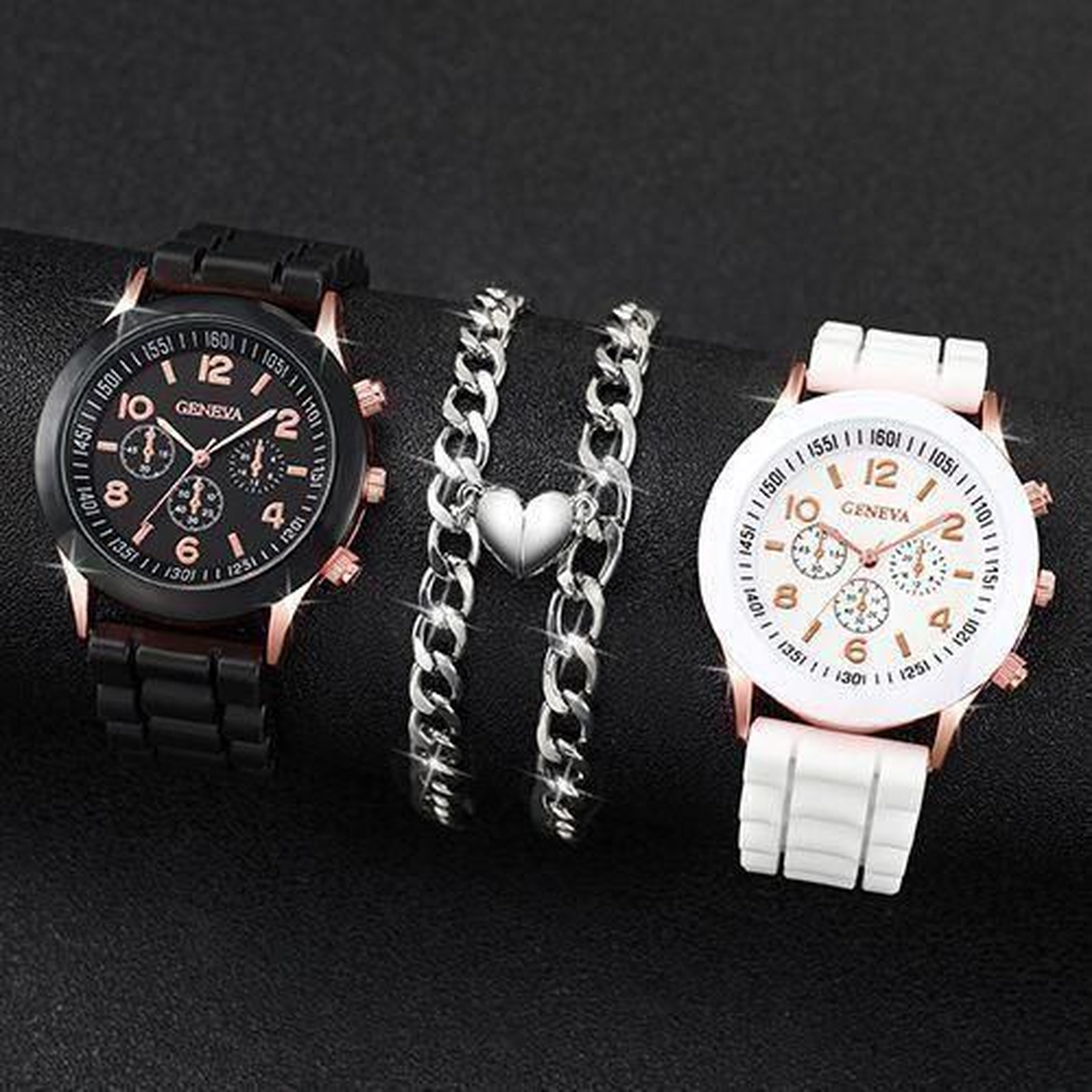 Fashion Three Eyes Couple Watch + Love Bracelet - Black/White