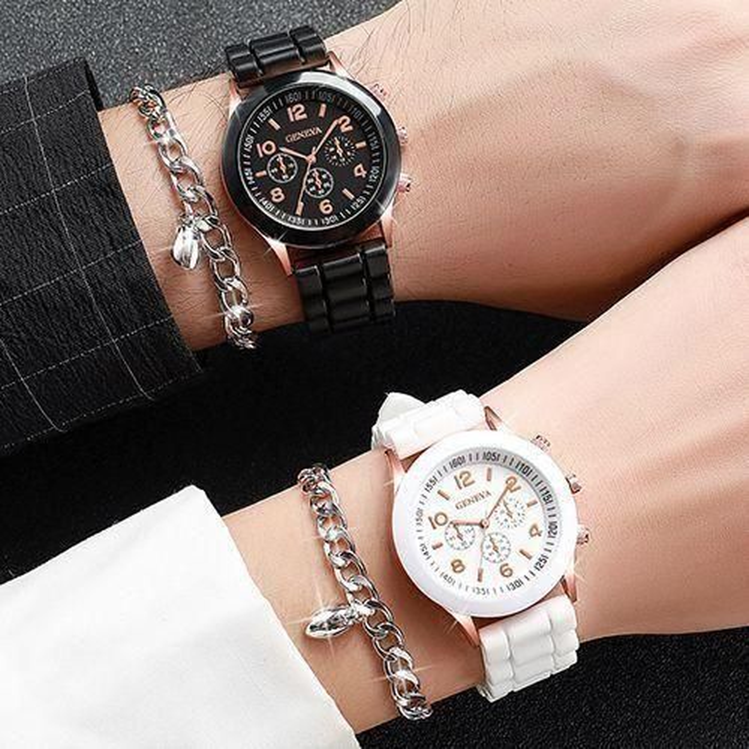 Fashion Three Eyes Couple Watch + Love Bracelet - Black/White