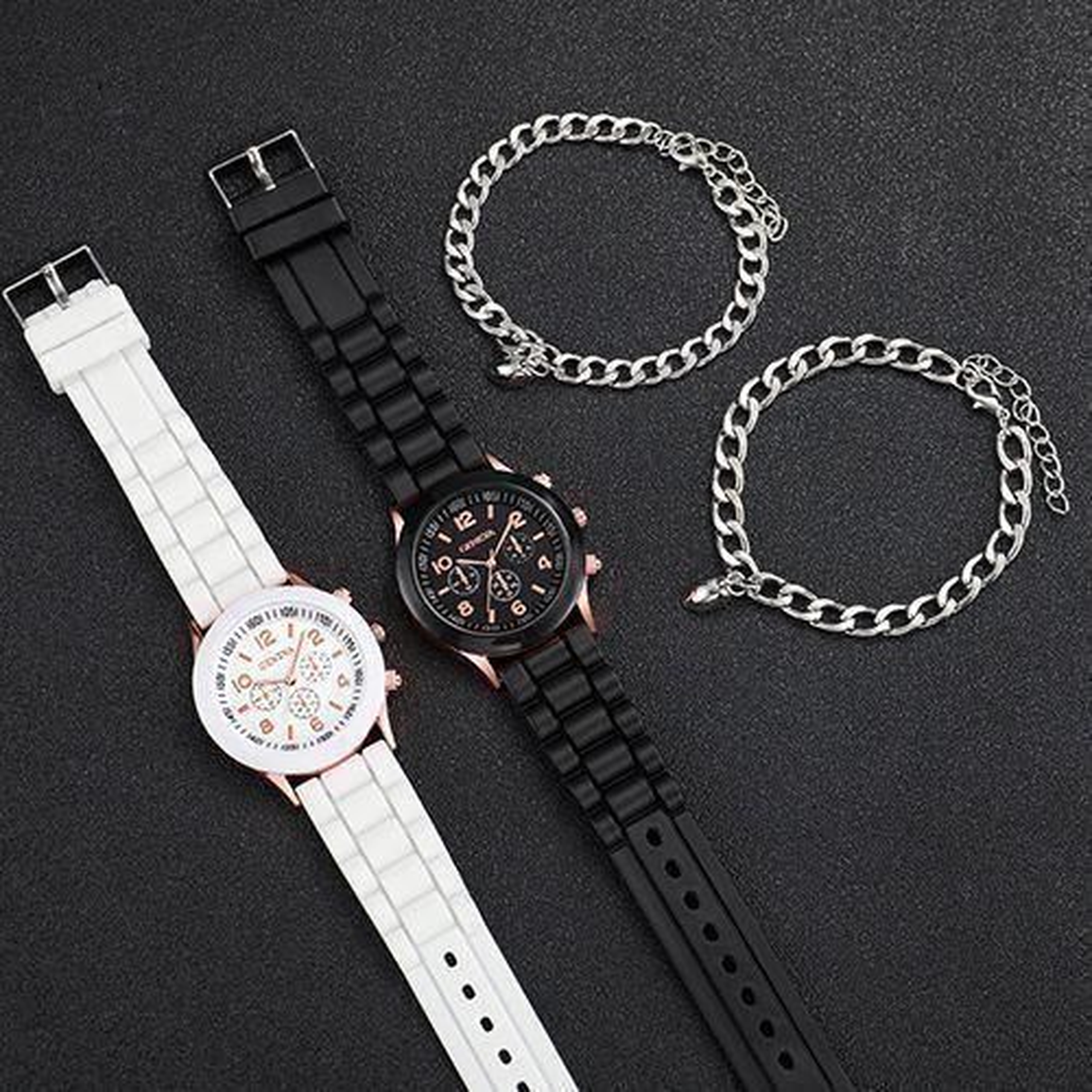 Fashion Three Eyes Couple Watch + Love Bracelet - Black/White