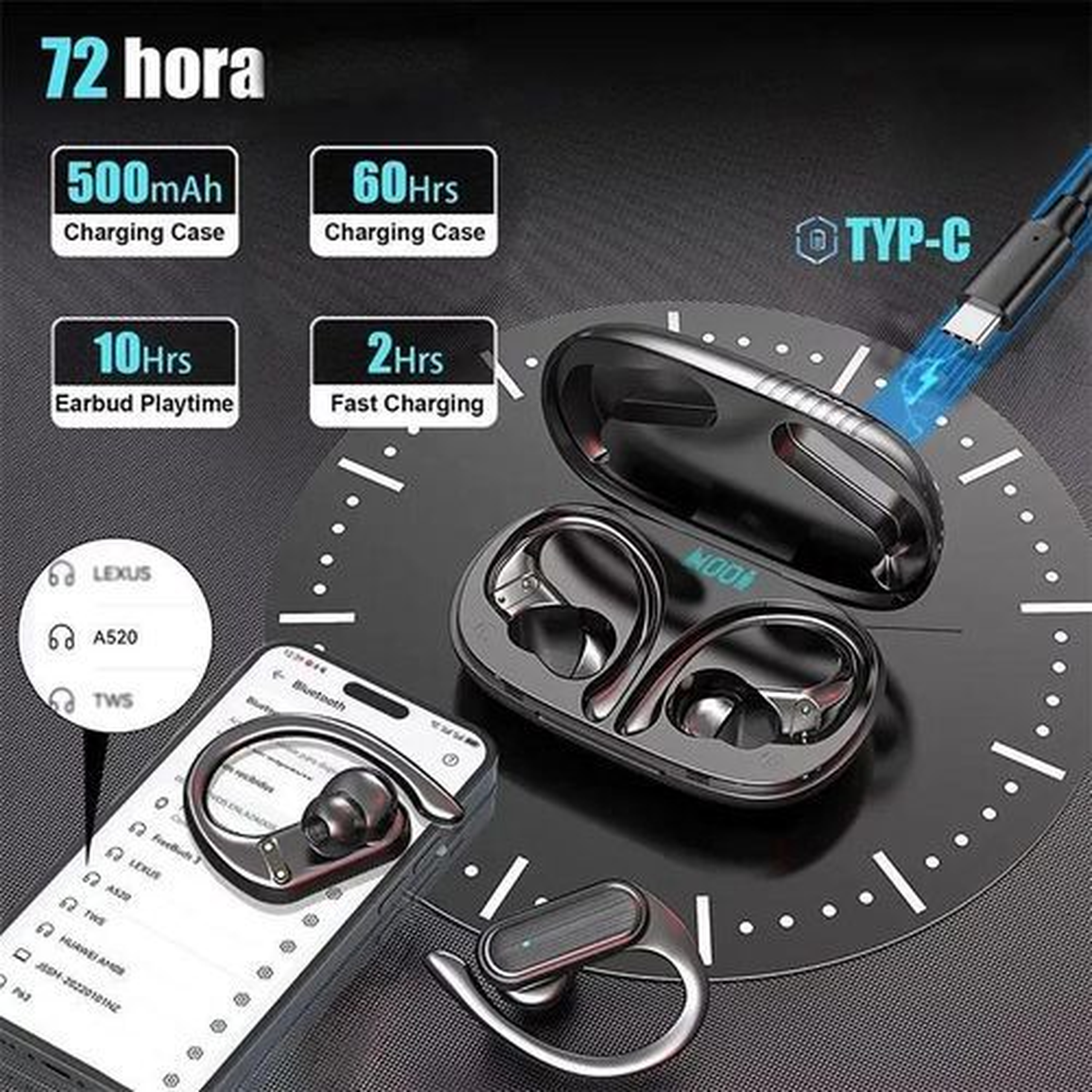 GtyGo Earphones Wireless Bluetooth EarHooks Touch Control Earbuds