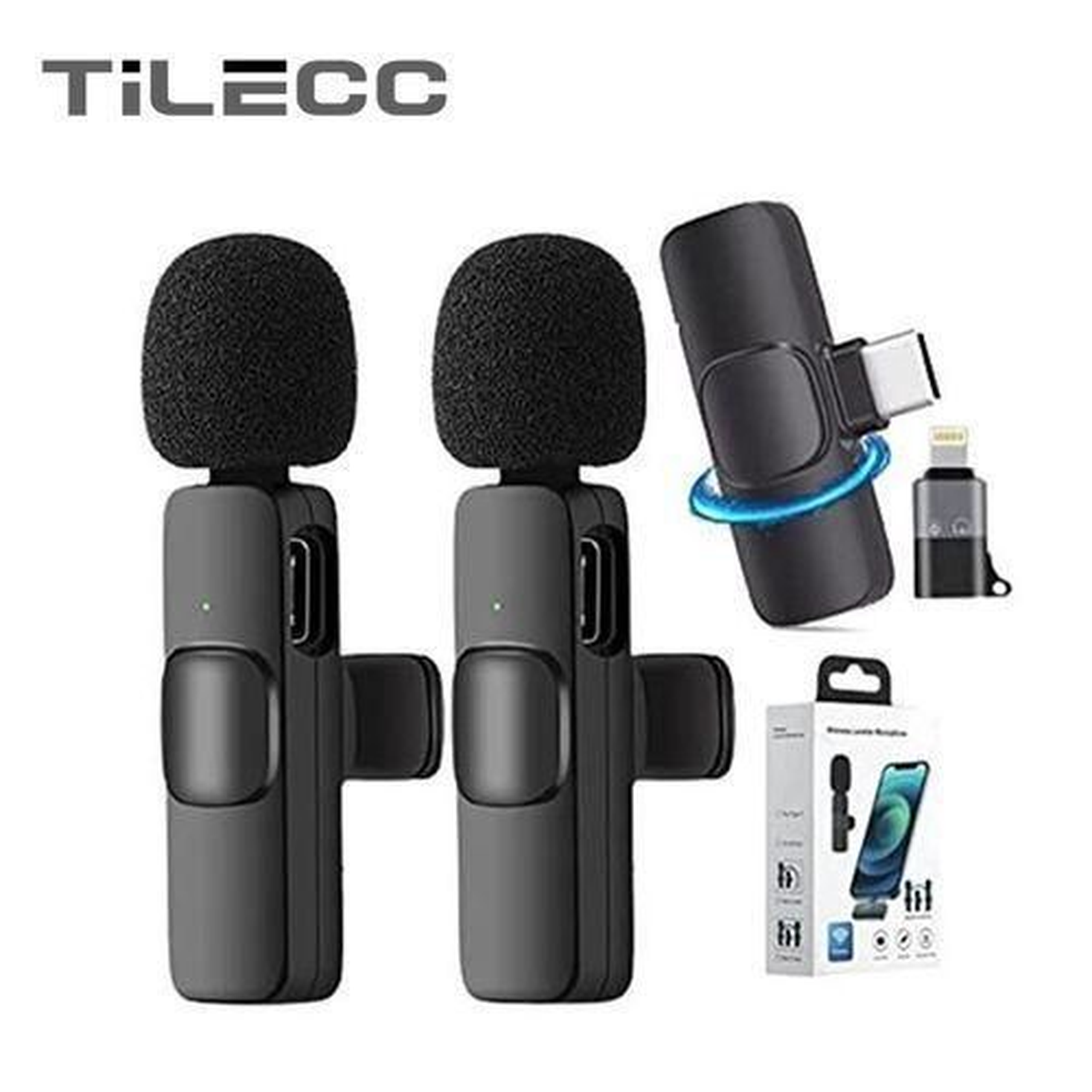 Wireless Lavalier Mini Microphone Duo with USB C & Lightning - Noise Cancelation Audio for Vlogging, Interviews & Online Content, 2 in 1 Mic Type C / iPhone IOS