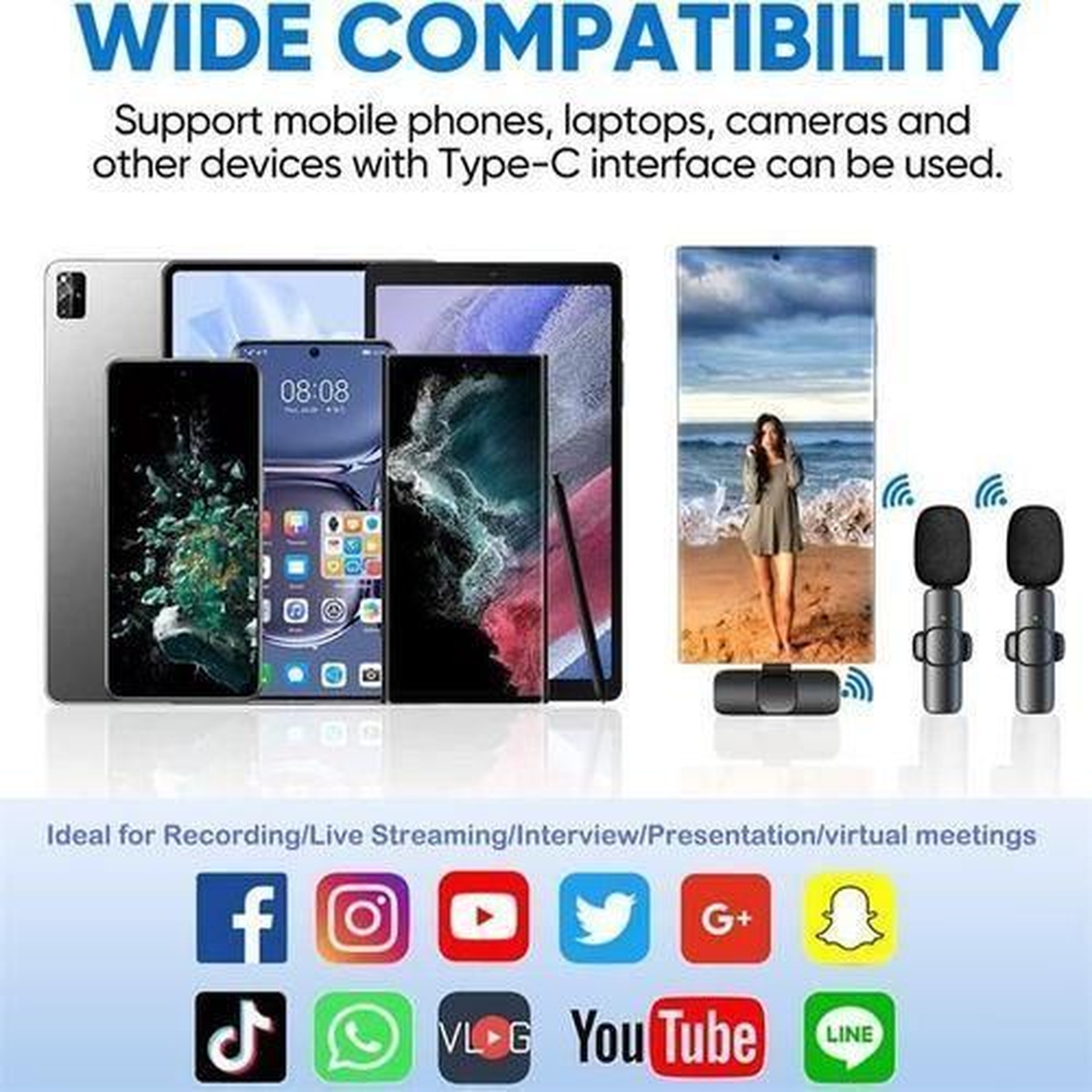 Wireless Lavalier Mini Microphone Duo with USB C & Lightning - Noise Cancelation Audio for Vlogging, Interviews & Online Content, 2 in 1 Mic Type C / iPhone IOS