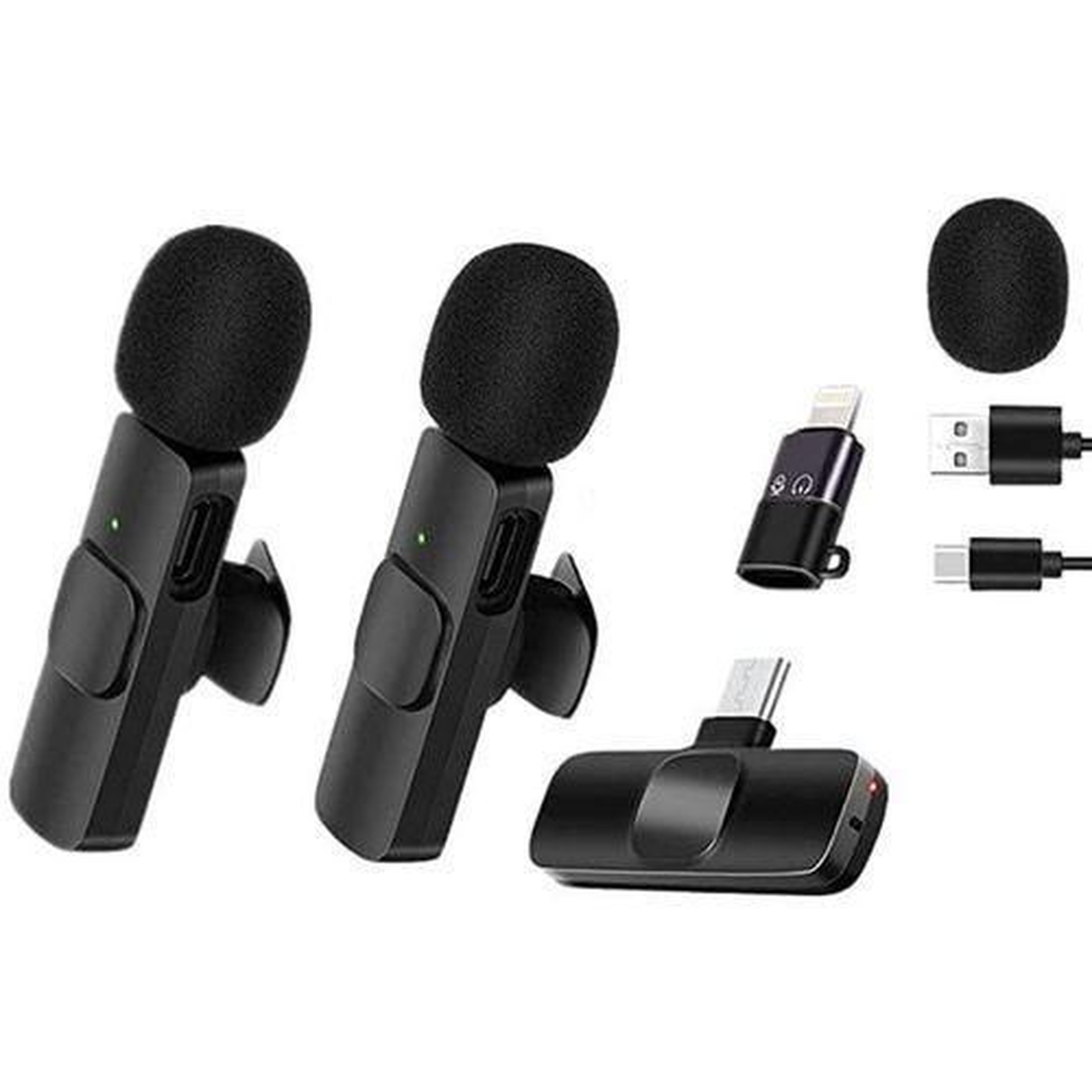 Wireless Lavalier Mini Microphone Duo with USB C & Lightning - Noise Cancelation Audio for Vlogging, Interviews & Online Content, 2 in 1 Mic Type C / iPhone IOS