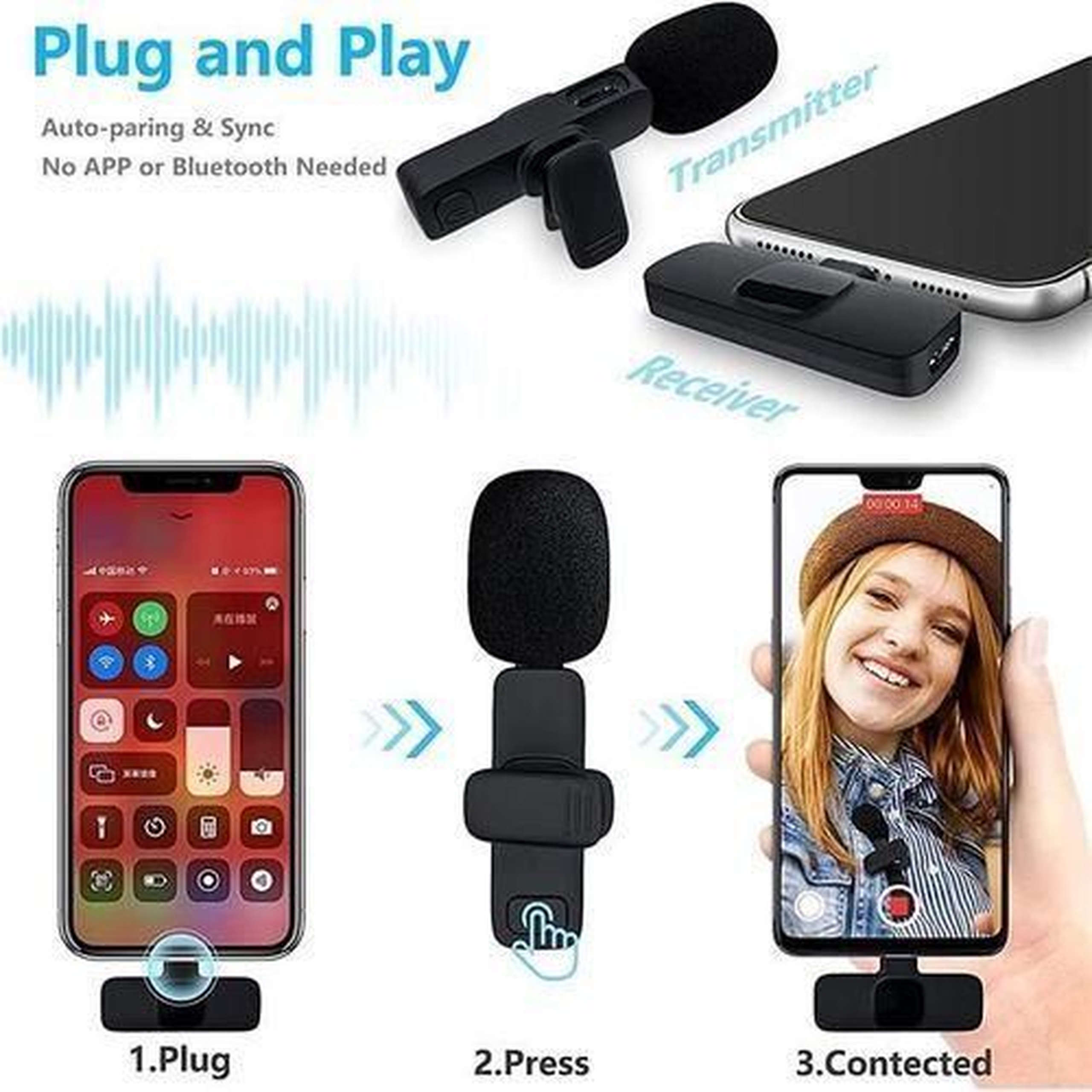 Wireless Lavalier Mini Microphone Duo with USB C & Lightning - Noise Cancelation Audio for Vlogging, Interviews & Online Content, 2 in 1 Mic Type C / iPhone IOS