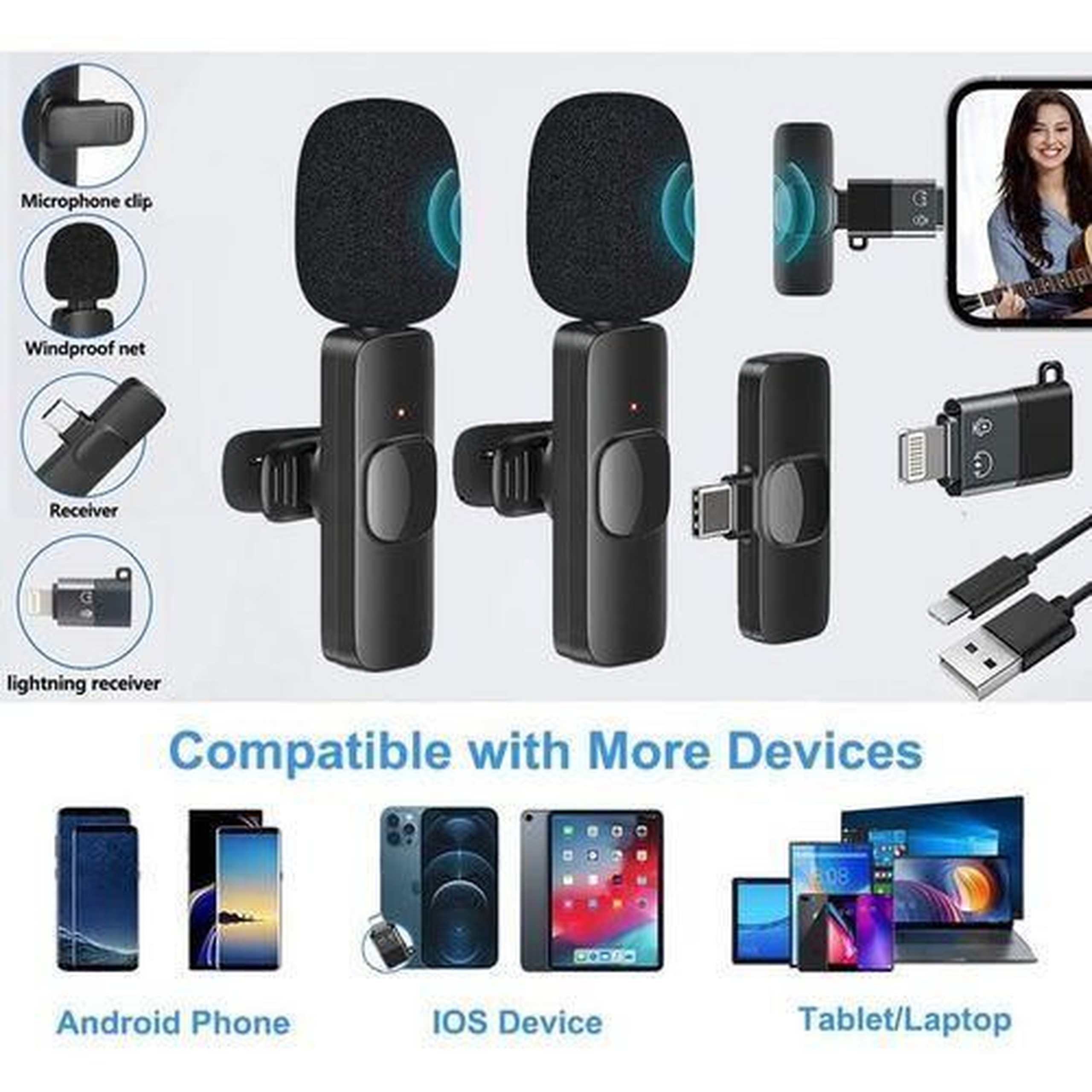 Wireless Lavalier Mini Microphone Duo with USB C & Lightning - Noise Cancelation Audio for Vlogging, Interviews & Online Content, 2 in 1 Mic Type C / iPhone IOS