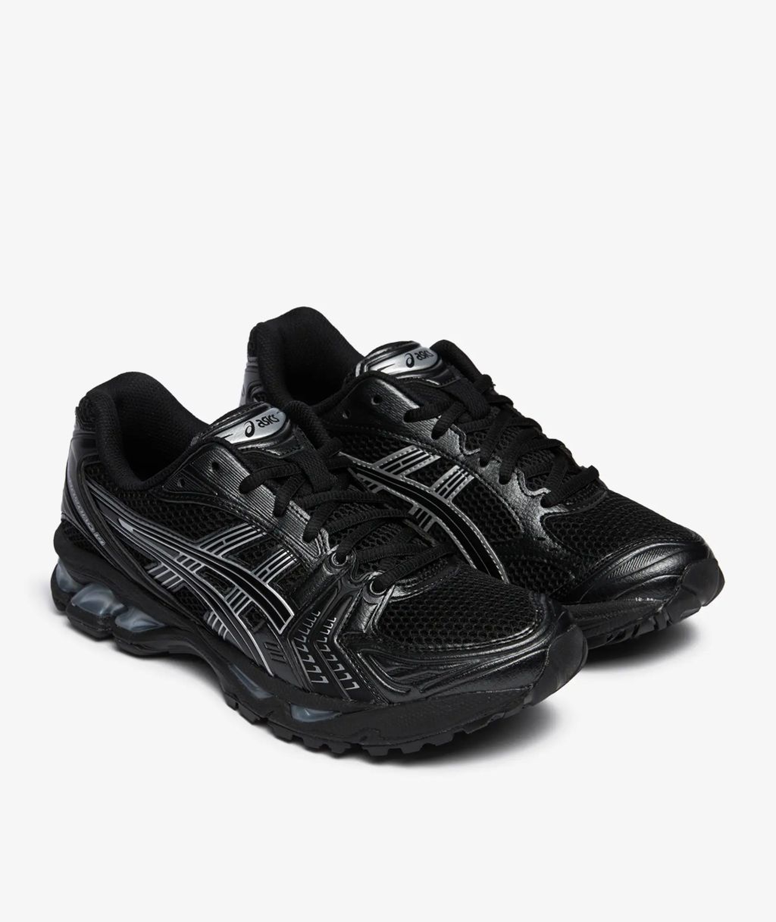 ASICS Gel-Kayano 14 running shoe in a black and pure silver 