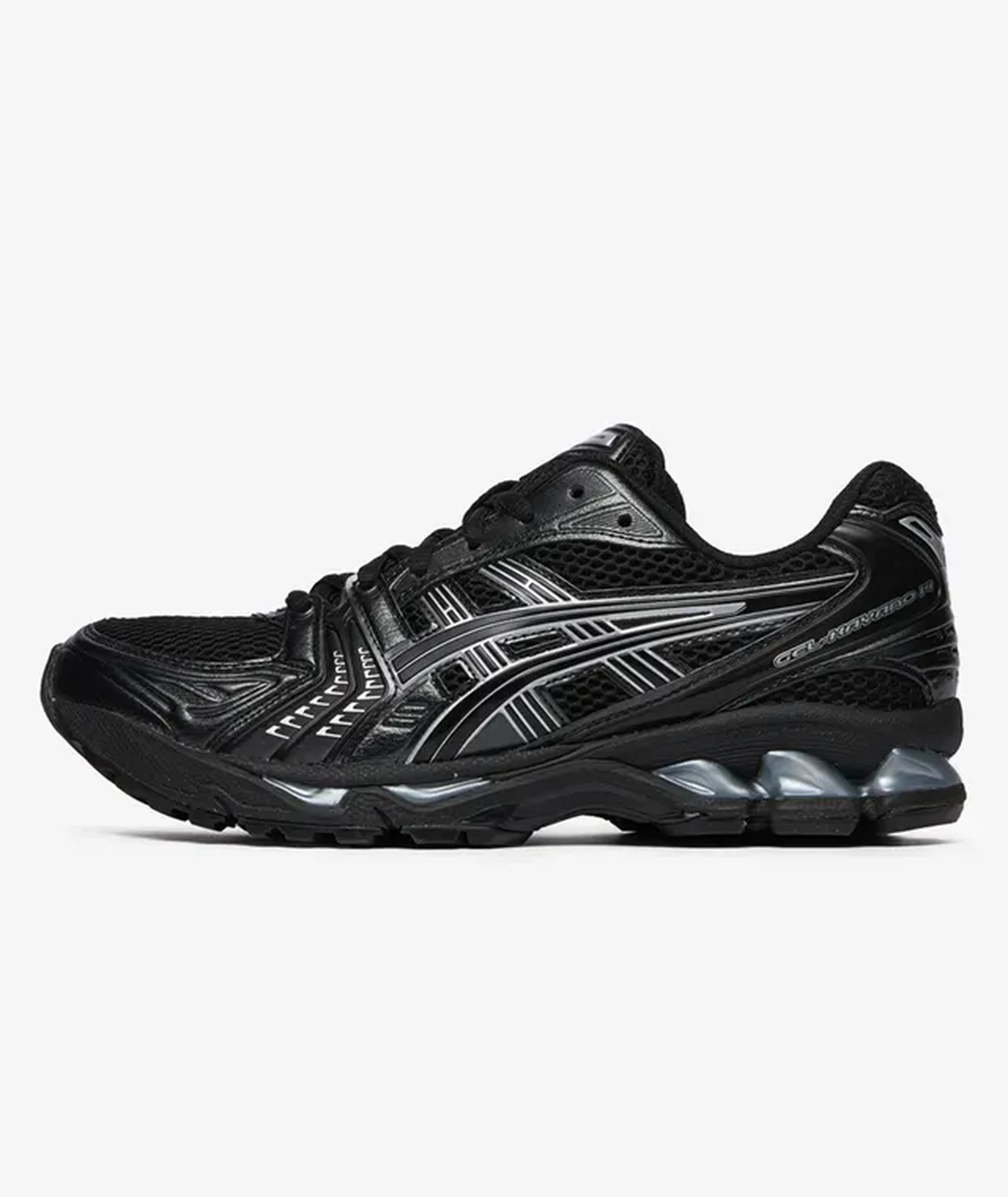ASICS Gel-Kayano 14 running shoe in a black and pure silver 
