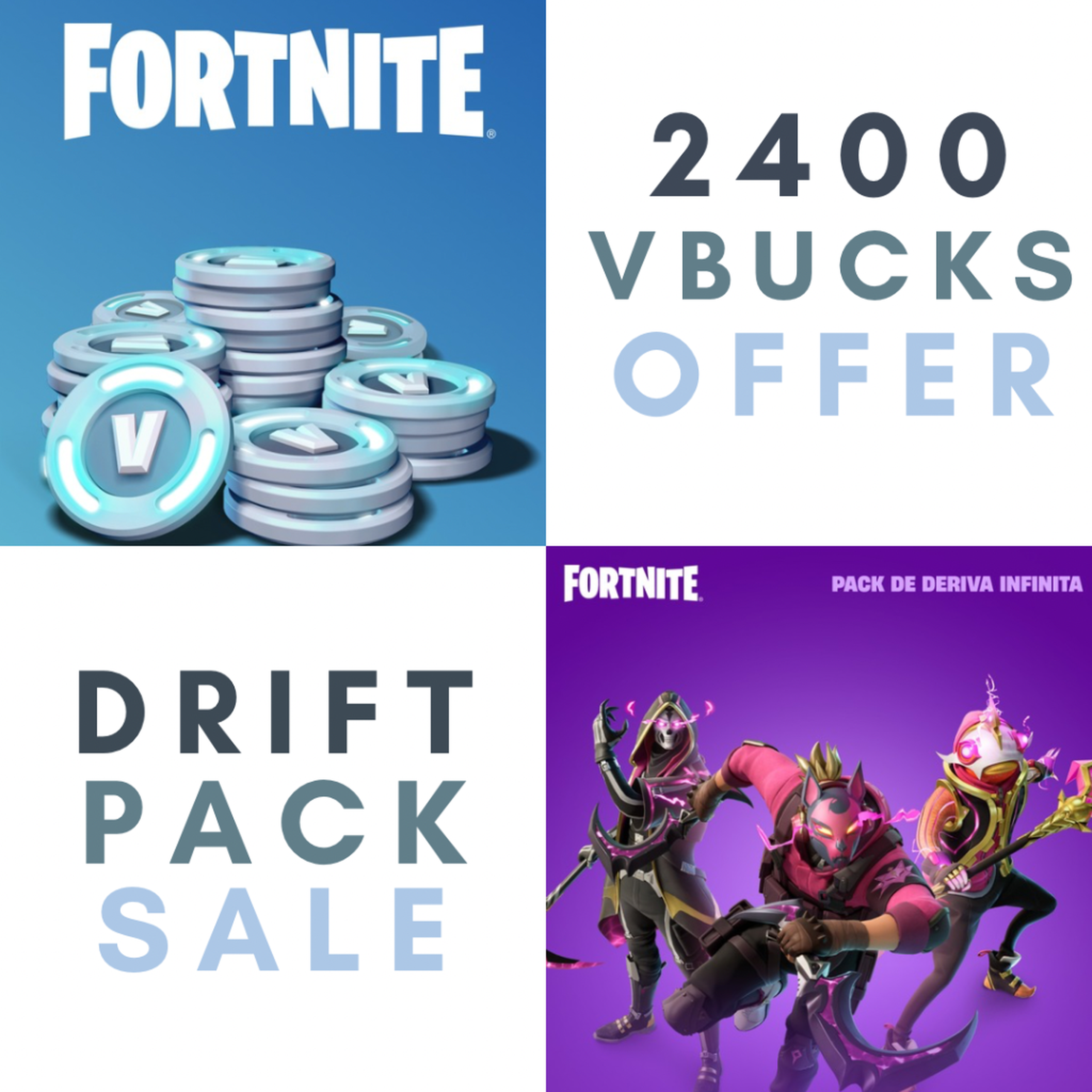 FORTNITE 2400 VBUCKS + INFINITE DRIFT PACK BUNDLE
