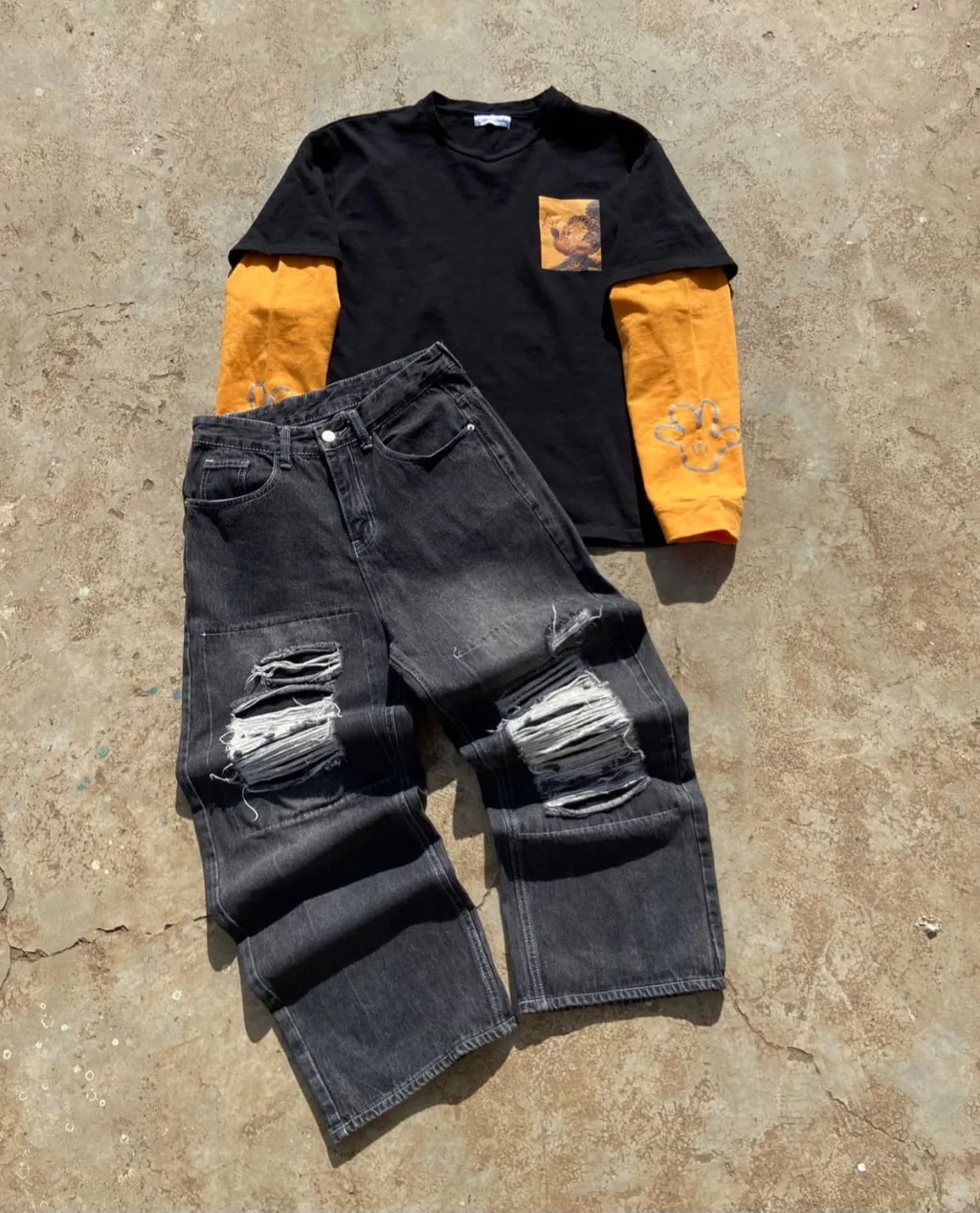Washed Black Baggy Jeans | Heavy Knee Rips | Y2K Streetwear