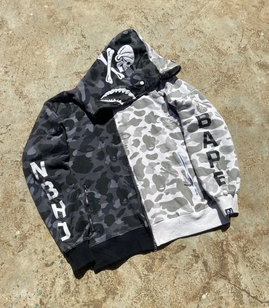 BAPE-style split camo shark hoodie with full zip and shark mouth hood