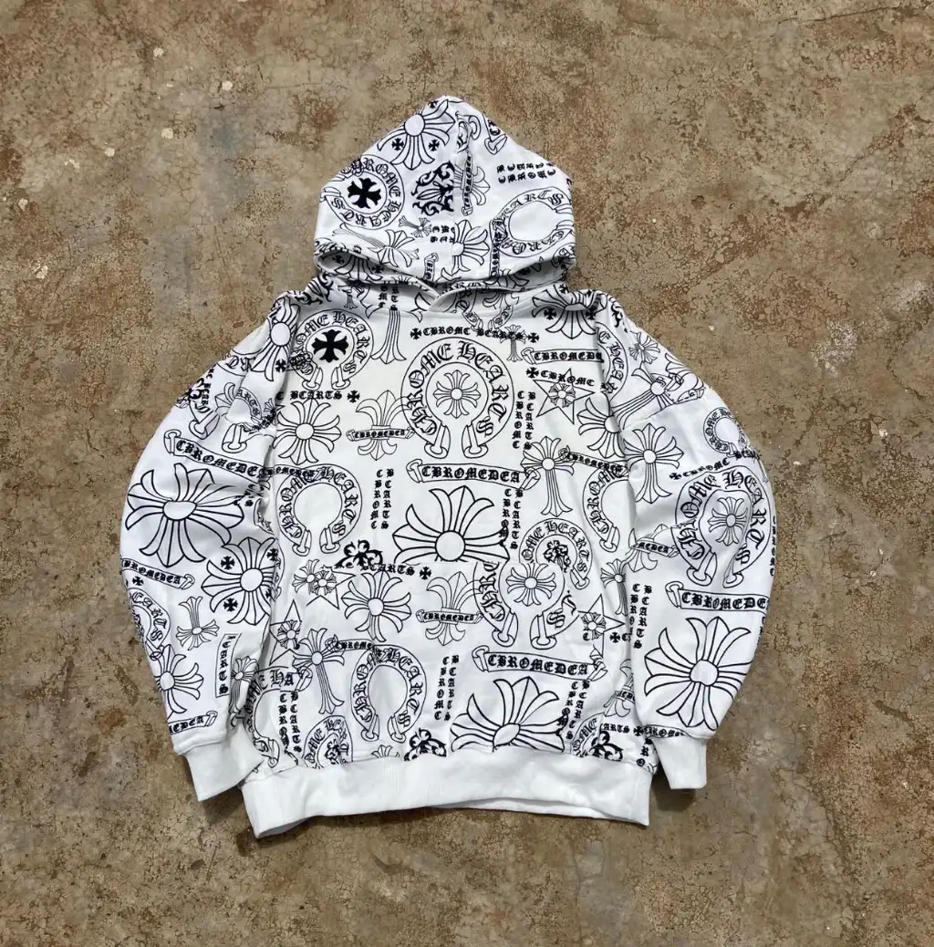 Chrome Hearts Style AOP Hoodie - White Gothic Print | Oversized