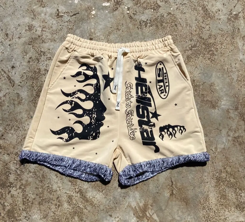 Hellstar-inspired graphic mesh shorts in white with black,white,cream