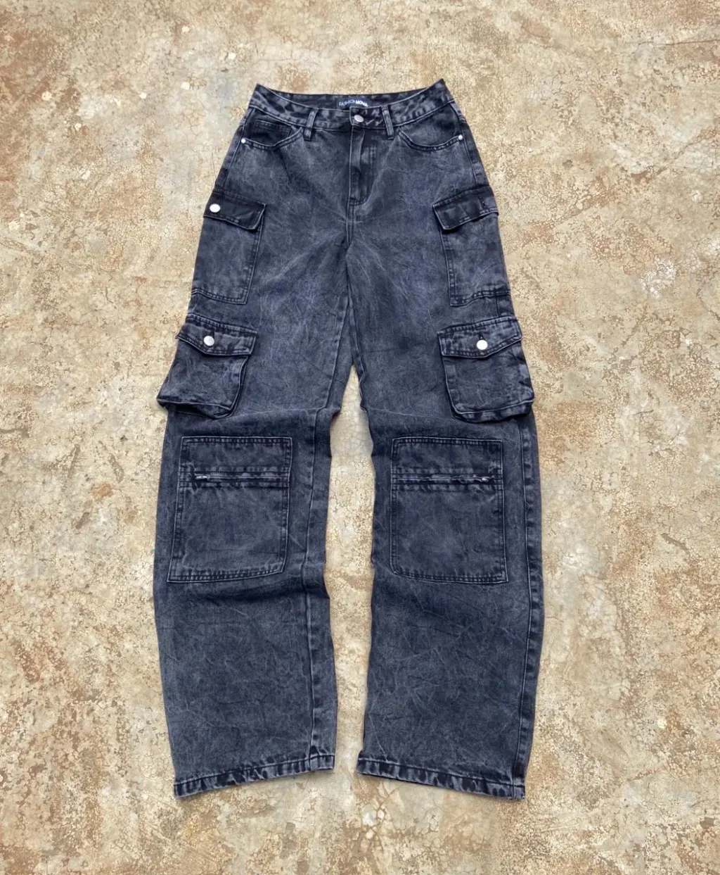 Wide-Leg Denim Cargo Pants in Acid-Wash Black