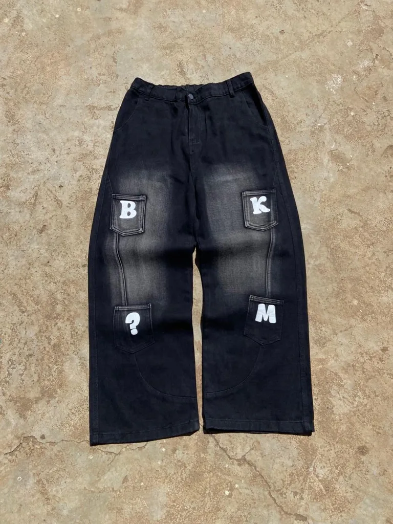 Y2K Wide Leg Baggy Denim | B K ? M Cargo Pockets | Wallet Chain | Cyber Goth