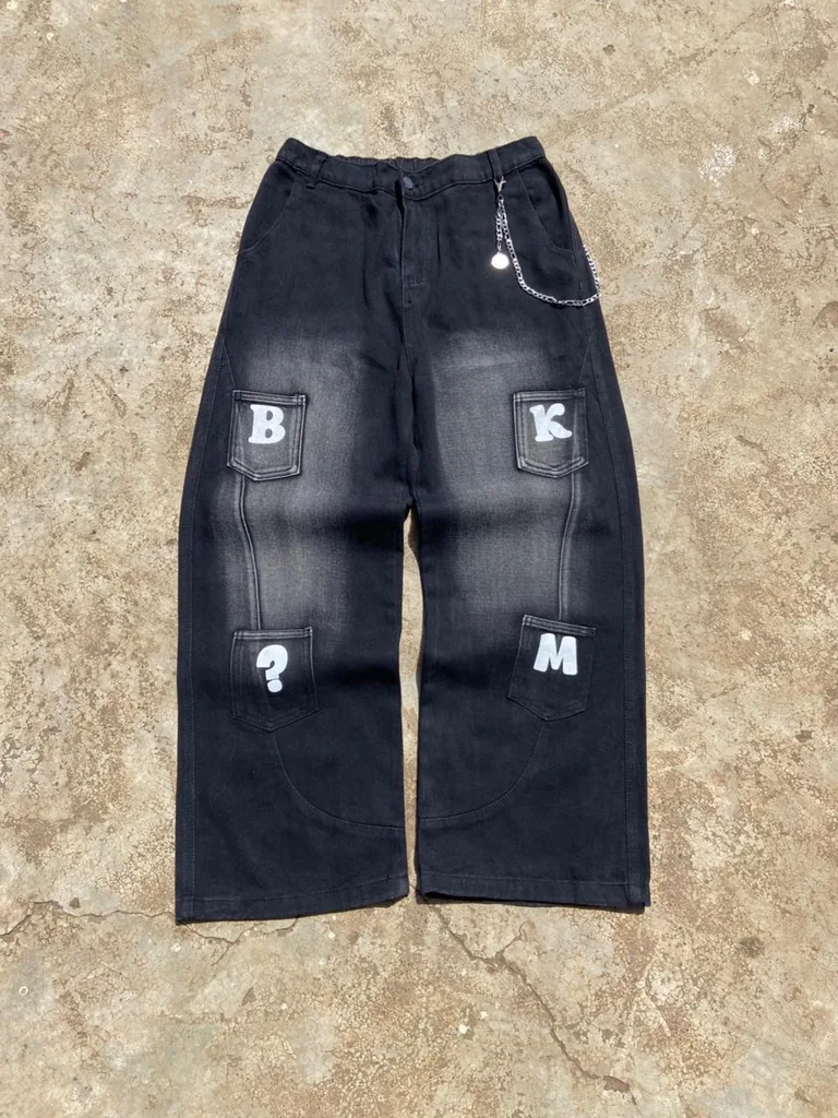 Y2K Wide Leg Baggy Denim | B K ? M Cargo Pockets | Wallet Chain | Cyber Goth