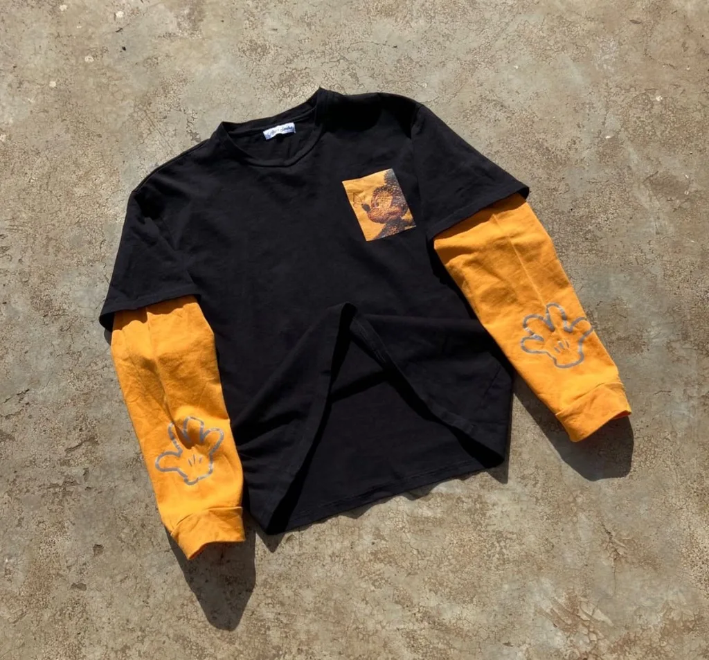 Double Layer Long Sleeve Tee | Black + Orange | Cartoon Graphic