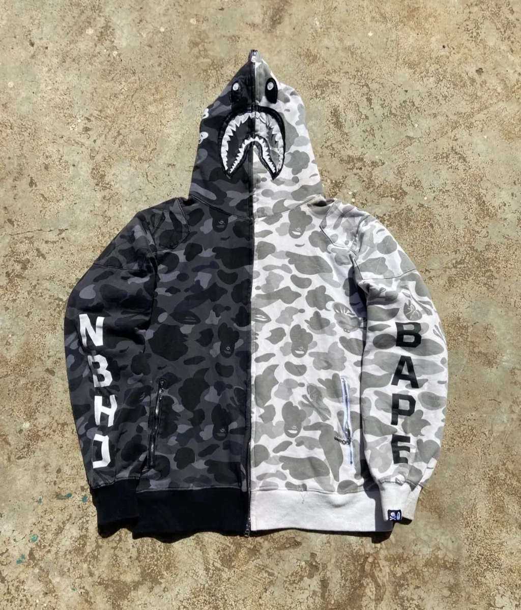 BAPE-style split camo shark hoodie with full zip and shark mouth hood