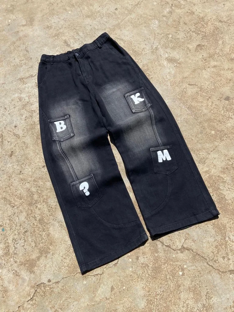 Y2K Wide Leg Baggy Denim | B K ? M Cargo Pockets | Wallet Chain | Cyber Goth