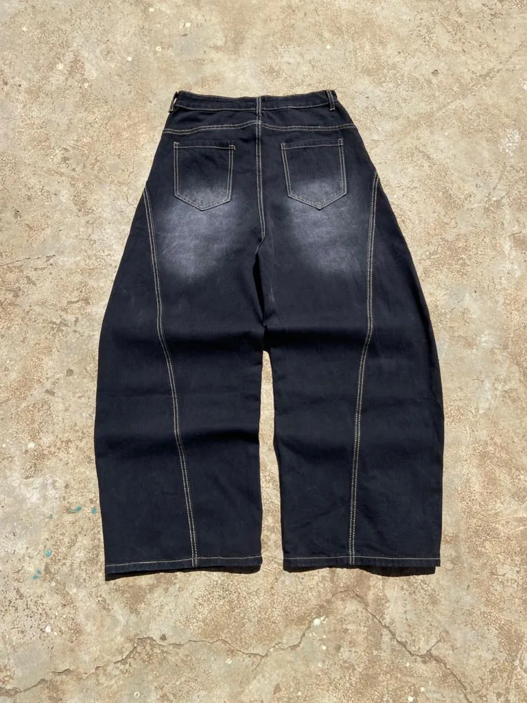 Washed Black Barrel-Leg Baggy Jeans | Whisker Fade | Contrast Stitch