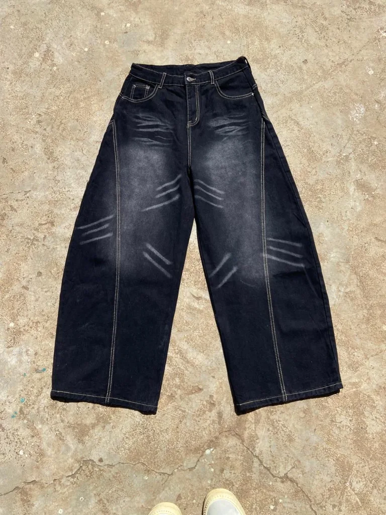 Washed Black Barrel-Leg Baggy Jeans | Whisker Fade | Contrast Stitch