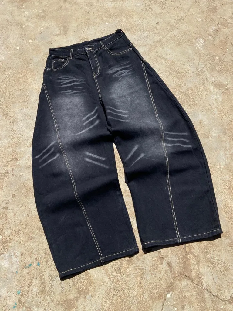 Washed Black Barrel-Leg Baggy Jeans | Whisker Fade | Contrast Stitch
