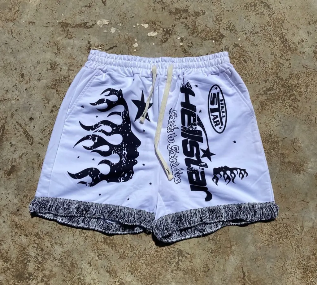 Hellstar-inspired graphic mesh shorts in white with black,white,cream