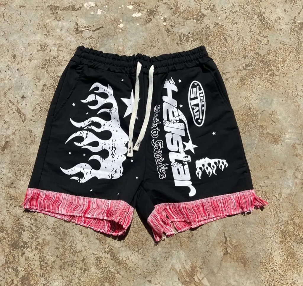 Hellstar-inspired graphic mesh shorts in white with black,white,cream
