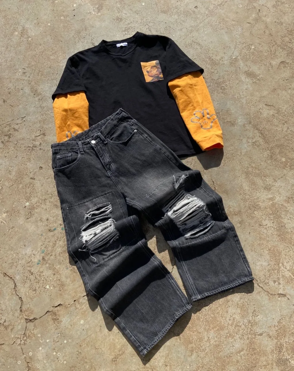 Washed Black Baggy Jeans | Heavy Knee Rips | Y2K Streetwear