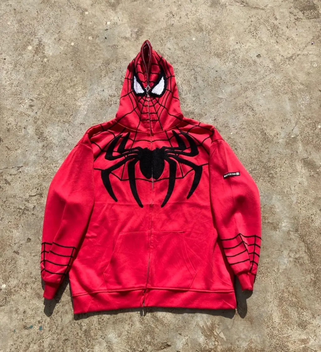 Red full-zip hoodie with Spider-Man web print and 3D hood eyes.