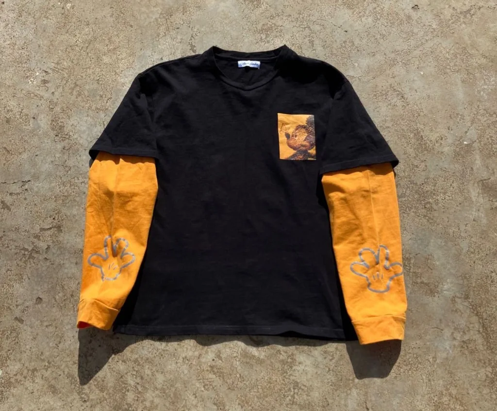 Double Layer Long Sleeve Tee | Black + Orange | Cartoon Graphic