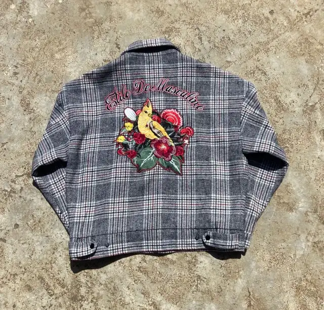 Grey plaid wool-blend work jacket with large back embroidery.