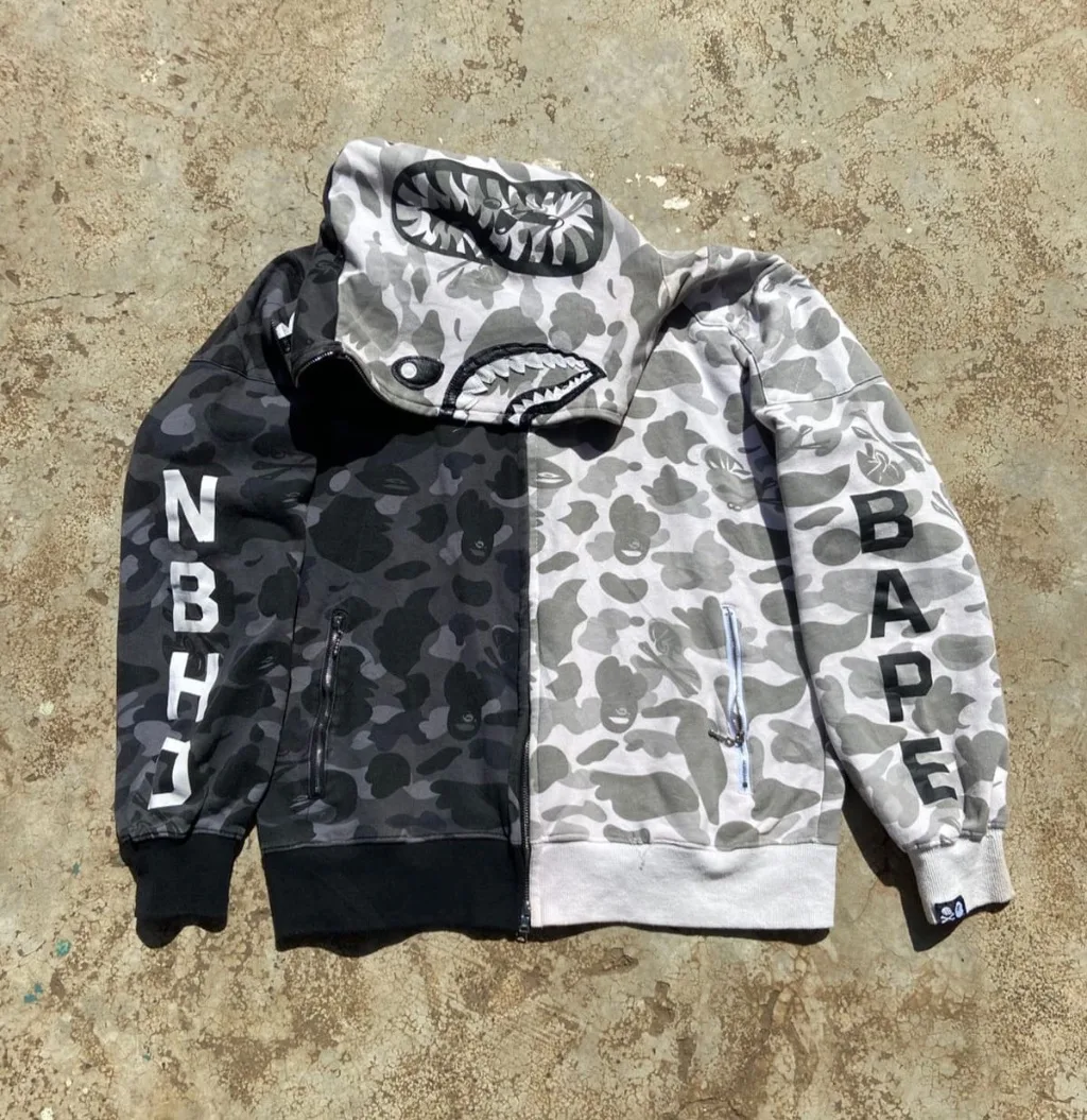 BAPE-style split camo shark hoodie with full zip and shark mouth hood