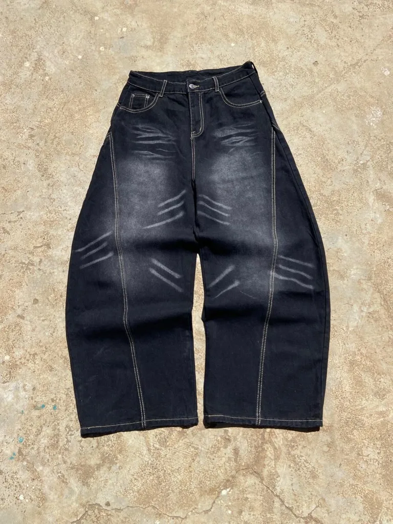 Washed Black Barrel-Leg Baggy Jeans | Whisker Fade | Contrast Stitch
