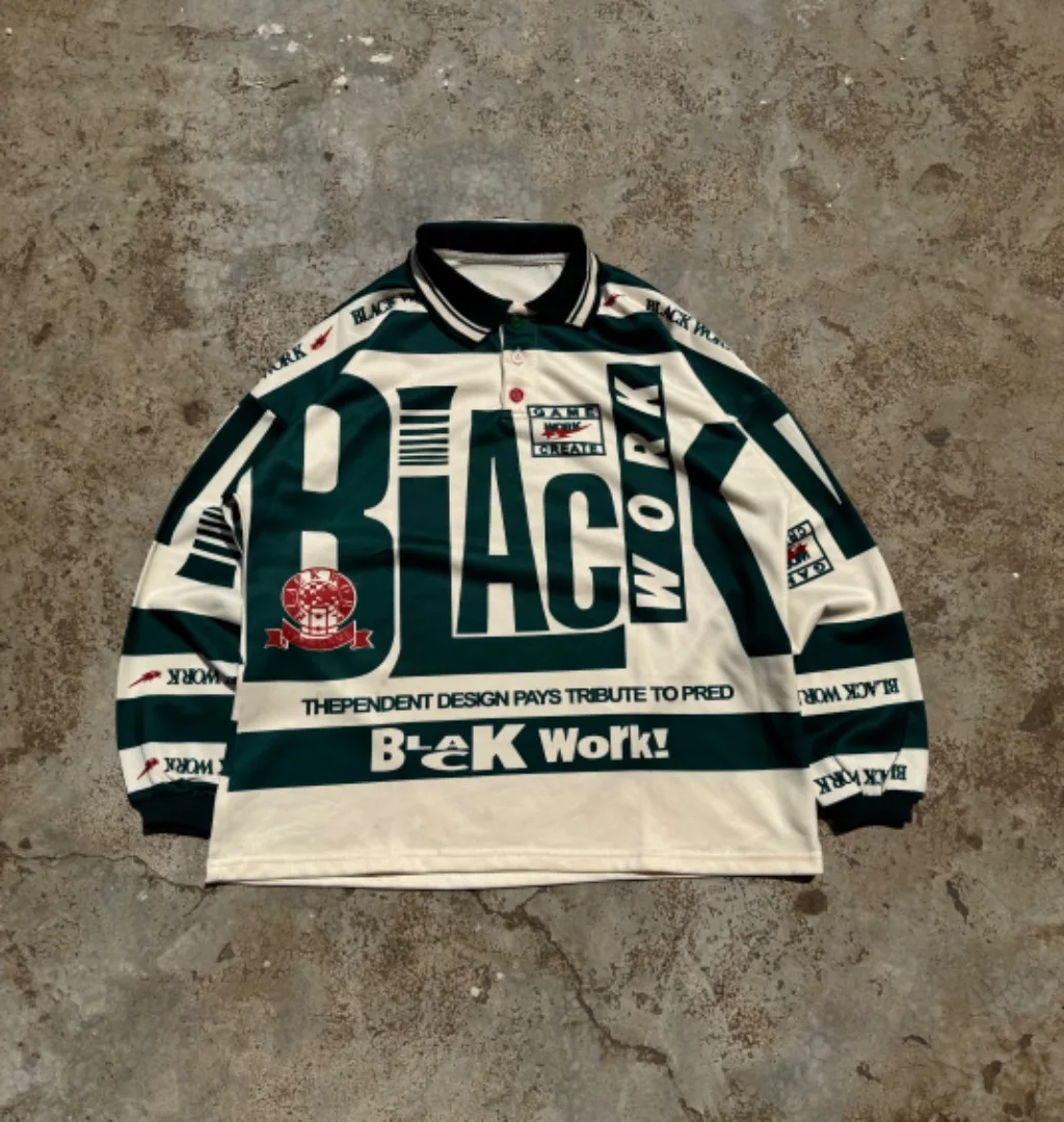 Vintage "BLACK WORK" Graphic Long-Sleeve Polo
