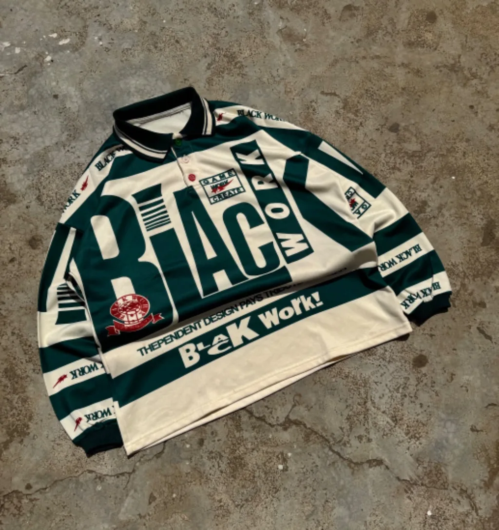Vintage "BLACK WORK" Graphic Long-Sleeve Polo