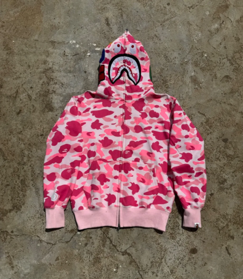 Vintage Pink Camo Shark Full-Zip Hoodie Large