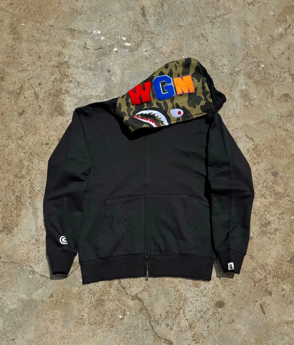 Vintage Black Camo Split-Hood Shark Full-Zip Hoodie