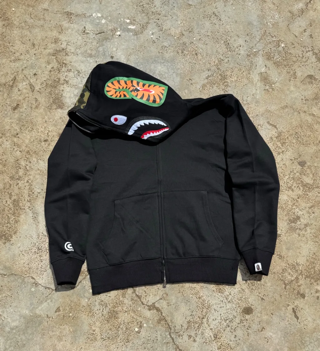 Vintage Black Camo Split-Hood Shark Full-Zip Hoodie