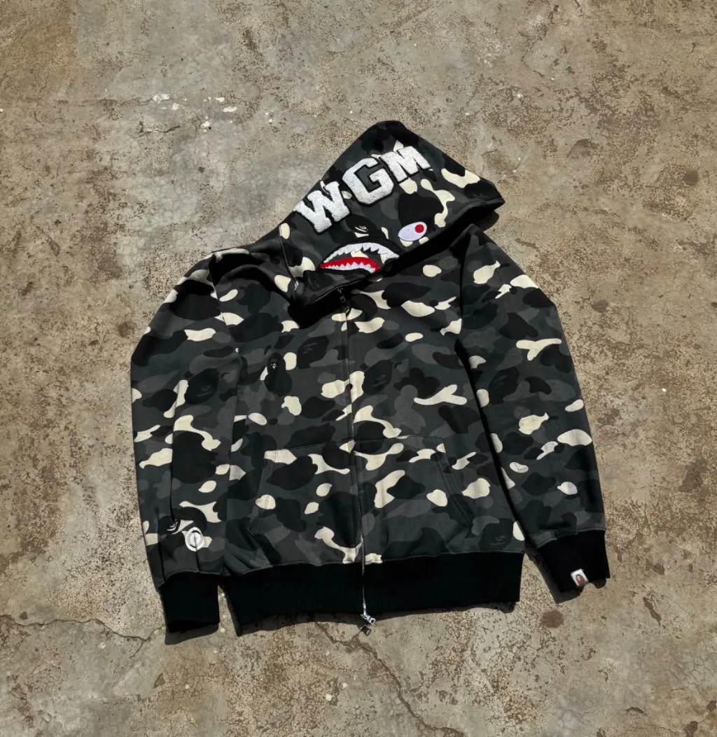 Vintage Glow-in-the-Dark Camo Shark Full-Zip Hoodie