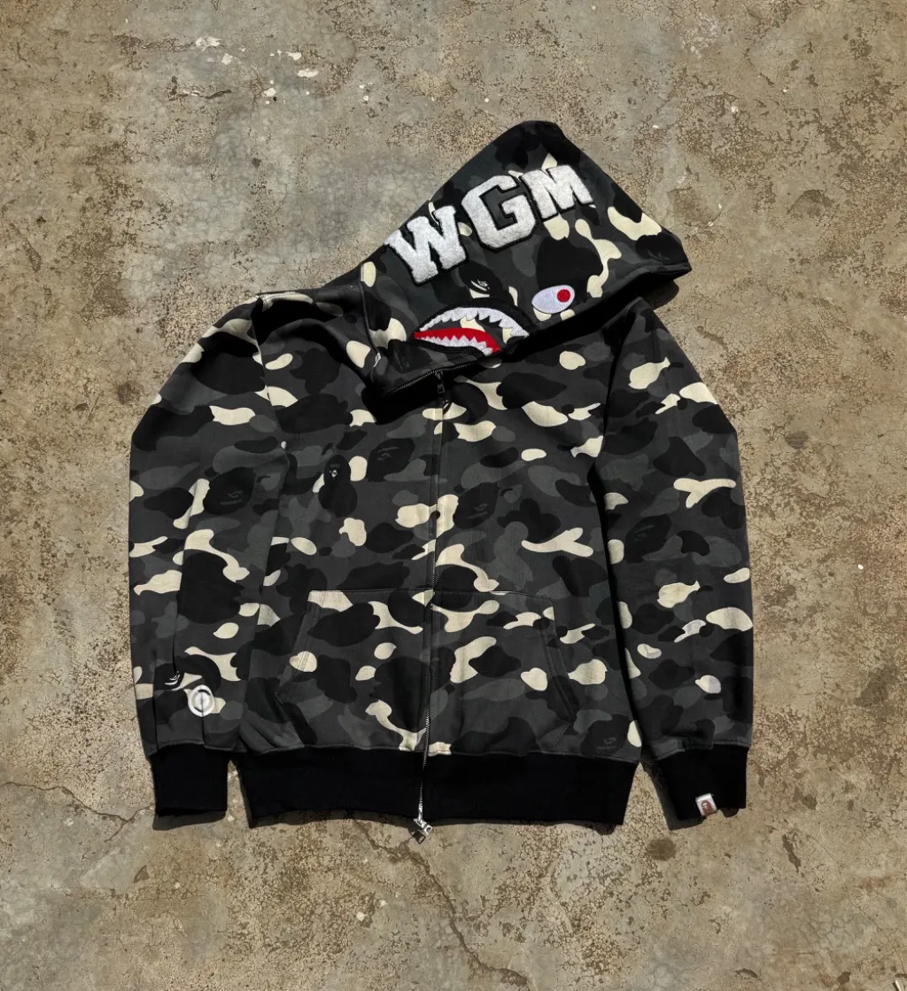 Vintage Glow-in-the-Dark Camo Shark Full-Zip Hoodie