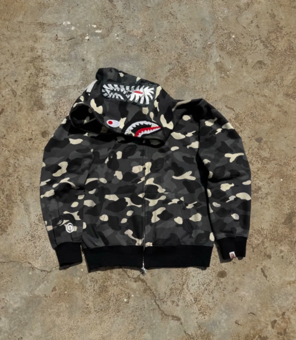 Vintage Glow-in-the-Dark Camo Shark Full-Zip Hoodie