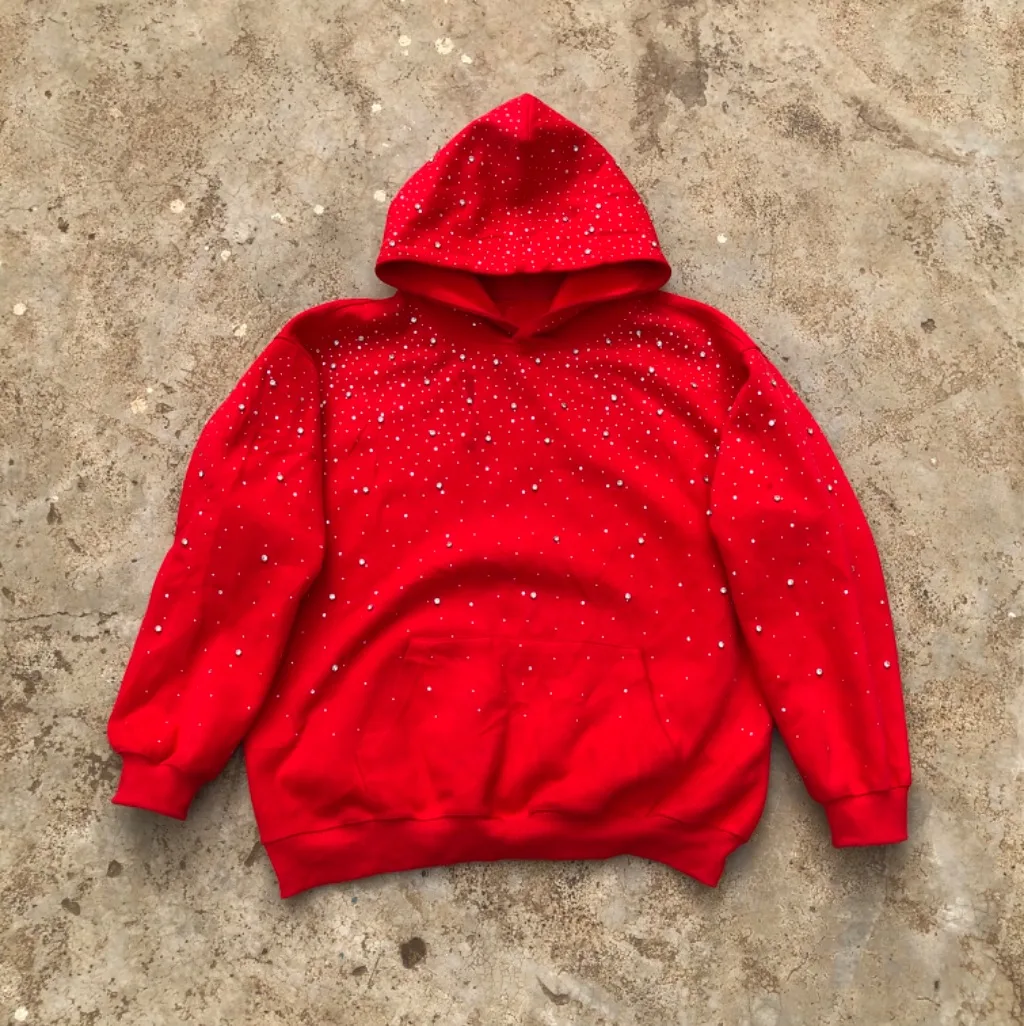 Red Rhinestone Fade Hoodie | All-Over Crystal Embellished | Heavyweight