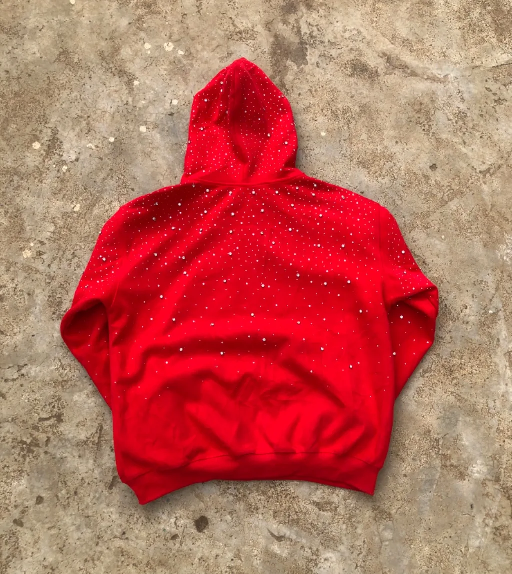 Red Rhinestone Fade Hoodie | All-Over Crystal Embellished | Heavyweight